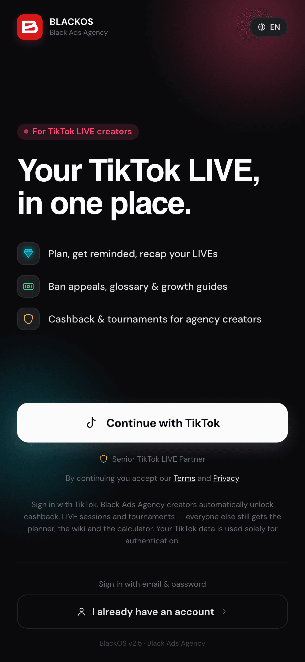 BlackOS login screen